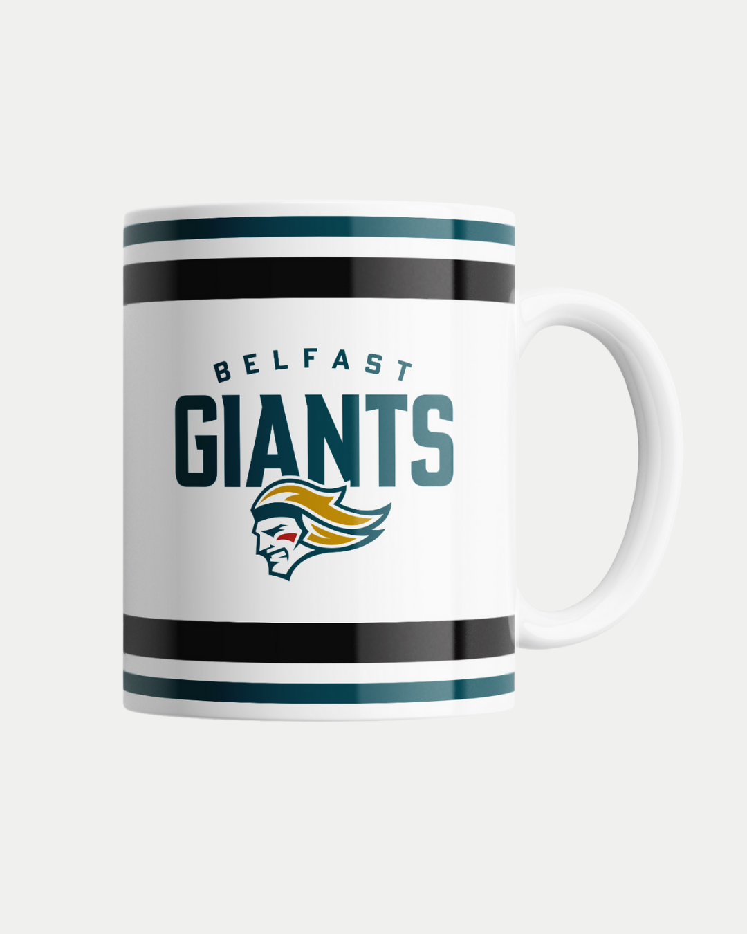 The White Belfast Giants Mug by Belfast Giants showcases black and teal stripes, the "Belfast Giants" text, and a fierce face logo with yellow and teal hair. Made-to-order to reduce waste—see estimated delivery at checkout.