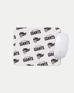 The Belfast Giants Multiple Logo White Mousemat features repeating black team text and a stylized giant head logo. This made-to-order accessory helps reduce waste and is shown with a white Apple Magic Mouse on top.