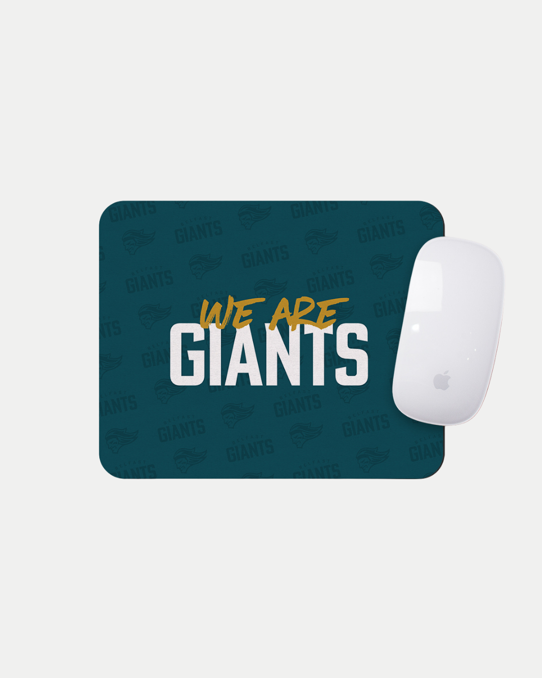 The We Are Giants Teal Mousemat by Belfast Giants features bold white and yellow lettering with a subtle GIANTS pattern and logo. Each mat is made-to-order to reduce waste. Delivery estimates are shown at checkout.