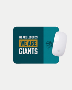 The We Are Legends Mousemat by Belfast Giants is a rectangular, crafted-to-order pad in teal and dark blue, featuring the phrase WE ARE LEGENDS WE ARE GIANTS and a giant's face—perfect for reducing waste in style.