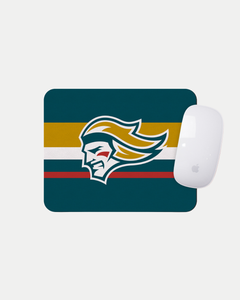 The Belfast Giants Stripe Logo Mousemat by Belfast Giants features a stylized knight head logo over gold, brown, white, red, and blue stripes. Made to order to reduce waste; estimated delivery is 10-12 days. Shown with a white computer mouse.