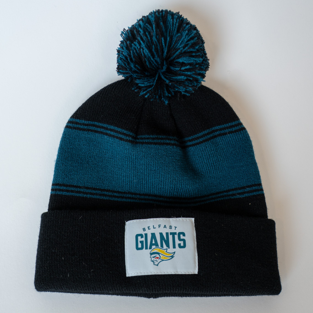 Belfast Giants Black Beanie Teal Stipes