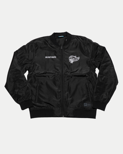 The Belfast Giants Bomber Jacket Black Backprint features ribbed cuffs and collar, a front zipper, side pockets, BELFAST GIANTS text, and a stylized head logo on the front left side.