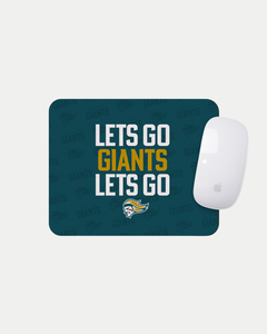 The Lets Go Giants Mousemat by Belfast Giants features blue and gold text, a giant’s face logo, and fits an Apple Magic Mouse. Each mousemat is made to order; estimated delivery details are shown at checkout.
