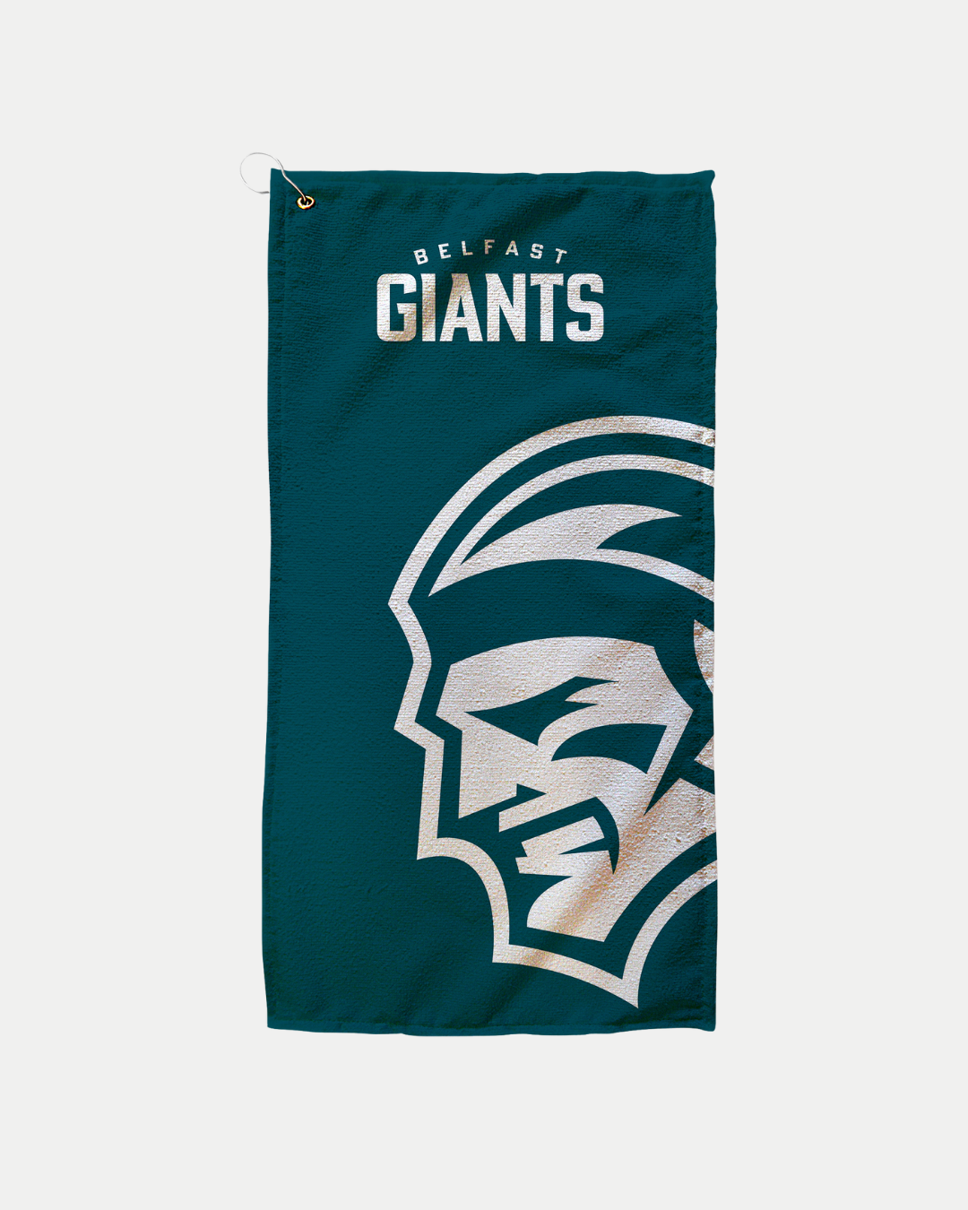 The Belfast Giants Logo Teal Golf Towel features "Belfast Giants" at the top and a large team logo below. This made-to-order item reduces waste—see estimated delivery times at checkout.