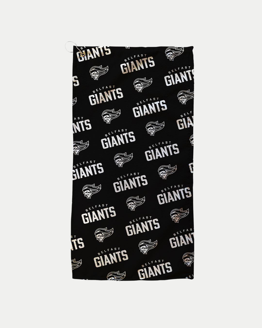 The Black Multiple Logo Golf Towel by Belfast Giants features a repeating logo and "BELFAST GIANTS" in white and gold. This made-to-order item reduces waste, with delivery in 10–12 days.