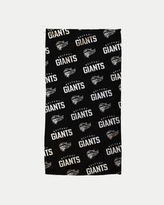 The Black Multiple Logo Golf Towel by Belfast Giants features a repeating logo and "BELFAST GIANTS" in white and gold. This made-to-order item reduces waste, with delivery in 10–12 days.