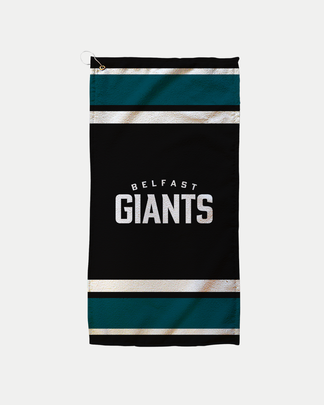 The Belfast Giants Black Giants Golf Towel features teal and white stripes, "BELFAST GIANTS" in bold white at the center, plus a top-left metal grommet and hook. Made-to-order to reduce waste.