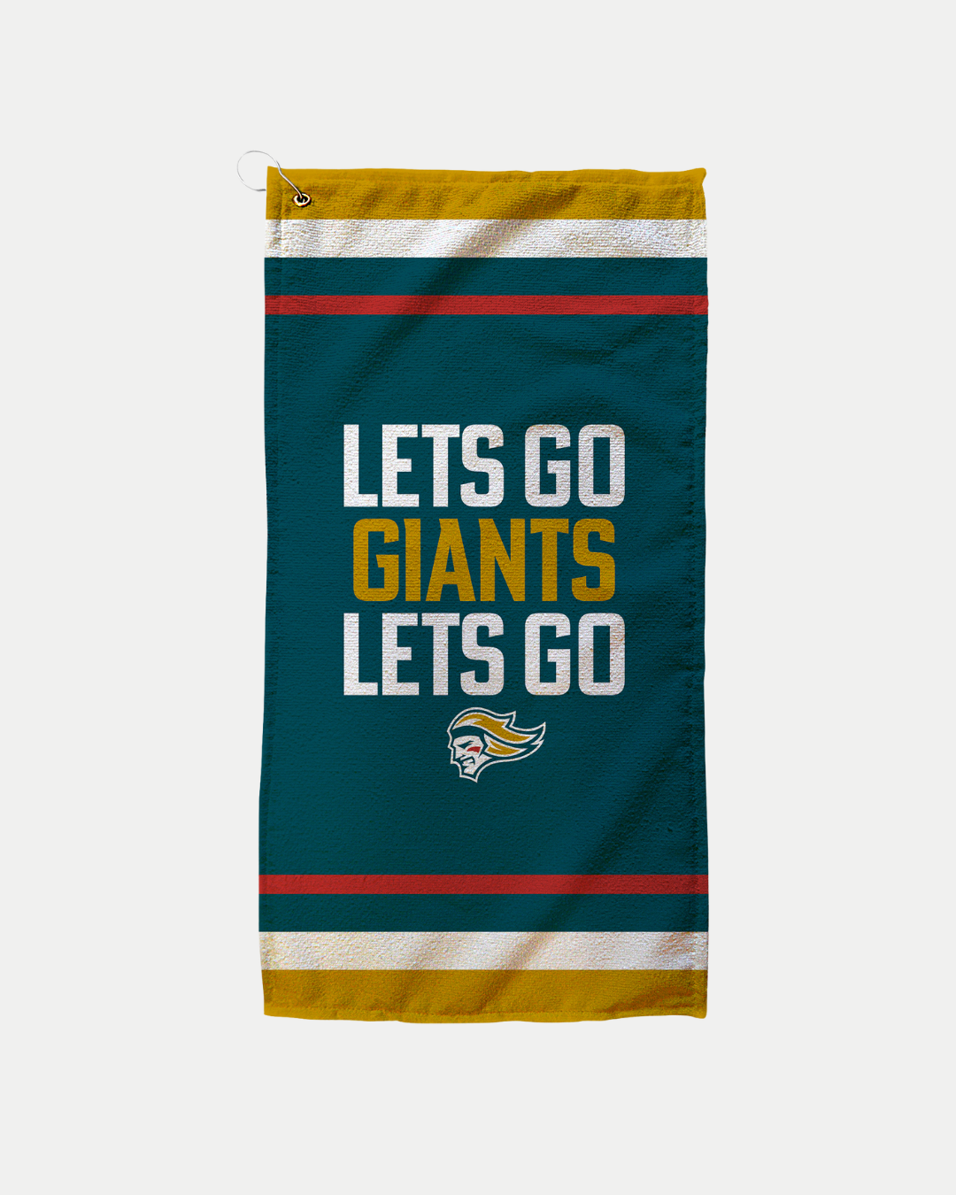 The Lets Go Giants Golf Towel by Belfast Giants features gold, teal, white, and red stripes plus bold LETS GO GIANTS LETS GO text with a mascot head. Made-to-order—please allow 10–12 days for delivery.