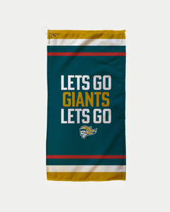 The Lets Go Giants Golf Towel by Belfast Giants features gold, teal, white, and red stripes plus bold LETS GO GIANTS LETS GO text with a mascot head. Made-to-order—please allow 10–12 days for delivery.