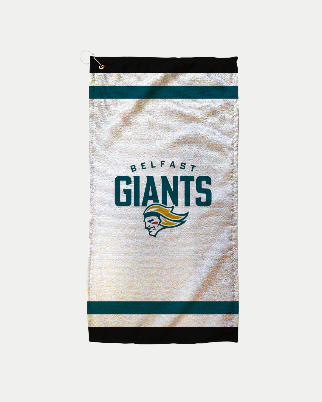 The Belfast Giants White Giants Golf Towel features black and teal stripes, the team's name, and a warrior head logo. Made to order by Belfast Giants to reduce waste; delivery timeline provided at purchase.