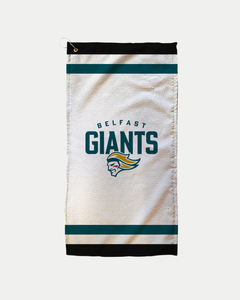 The Belfast Giants White Giants Golf Towel features black and teal stripes, the team's name, and a warrior head logo. Made to order by Belfast Giants to reduce waste; delivery timeline provided at purchase.