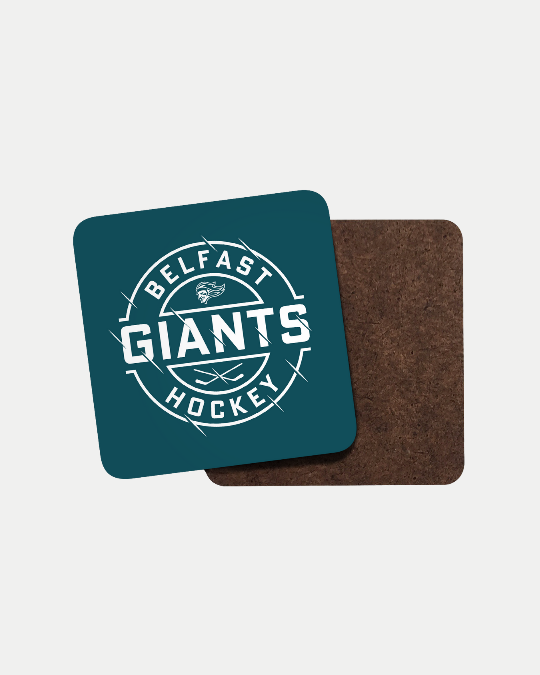 The Giants Circle Coaster by Belfast Giants features their hockey logo in white on a teal square, made to order for less waste, and shown beside a plain brown coaster on a light background.