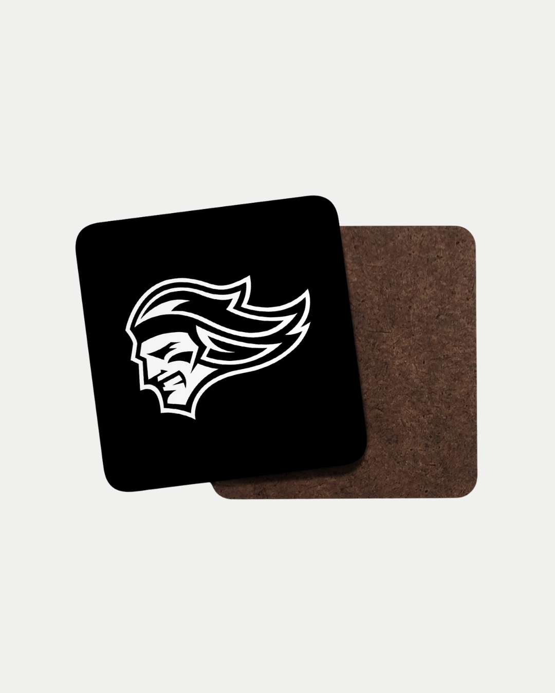 The Belfast Giants Logo Black Coaster by Belfast Giants displays a white stylized profile with flowing hair on a black square base, atop a brown coaster. Each piece is crafted to order for unique style and sustainable production.