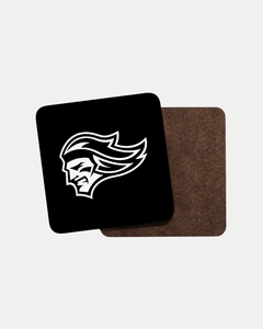 The Belfast Giants Logo Black Coaster by Belfast Giants displays a white stylized profile with flowing hair on a black square base, atop a brown coaster. Each piece is crafted to order for unique style and sustainable production.