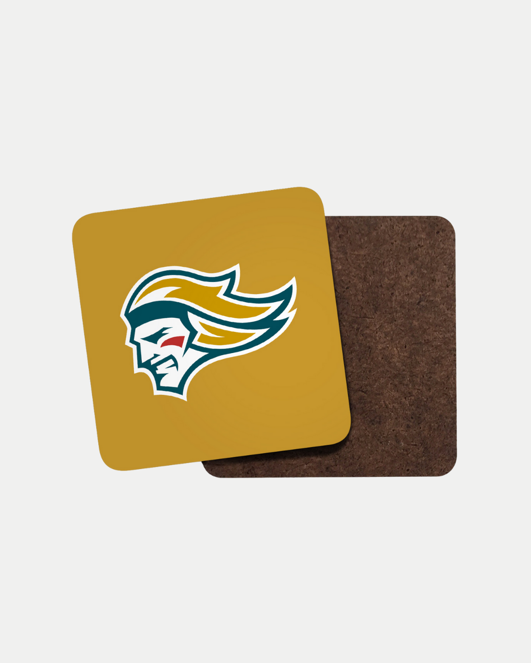 Two square coasters are shown: the top features the Belfast Giants Logo Gold Coaster with a stylized knight’s head in gold, teal, and white; the bottom is plain brown. Each set is crafted to order for you by Belfast Giants.