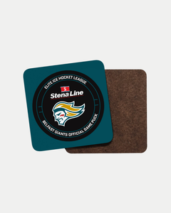 The Puck Coaster by Belfast Giants features the team logo and official text on a teal background. Made to order to reduce waste, it has a plain brown back, blending style and sustainability for fans.