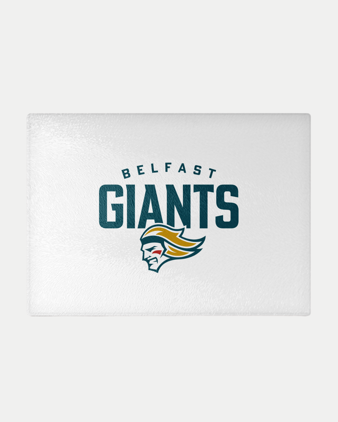 The Belfast Giants White Logo Chopping Board by Belfast Giants features bold, dark green "Belfast Giants" text above a stylized warrior’s head with yellow and teal accents, crafted to order for an eco-friendly display.