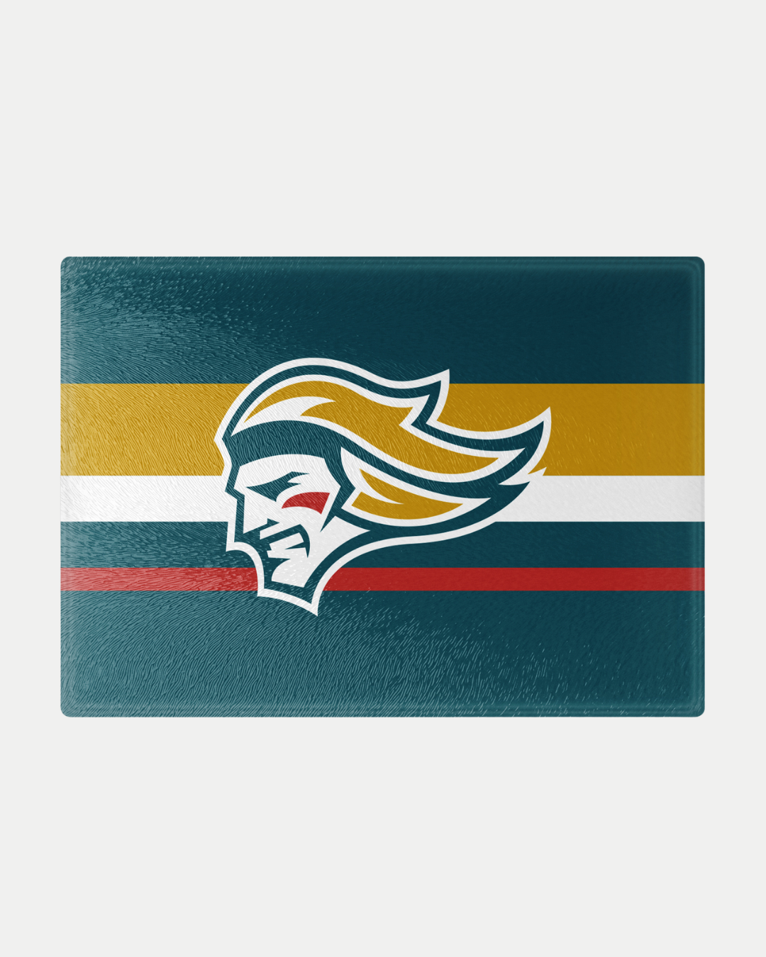 The Belfast Giants Stripe Chopping Board features a stylized medieval knight's head in gold and white on teal, accented with gold, white, and red stripes. Made to order by Belfast Giants to help reduce waste.