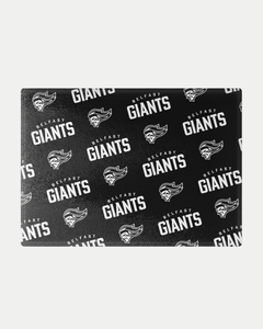 The Belfast Giants Black Multiple Logo Chopping Board features a diagonal pattern of repeating white Belfast Giants text and a stylized angry face helmet logo. Made to order, this chopping board helps reduce waste for a more eco-friendly choice.