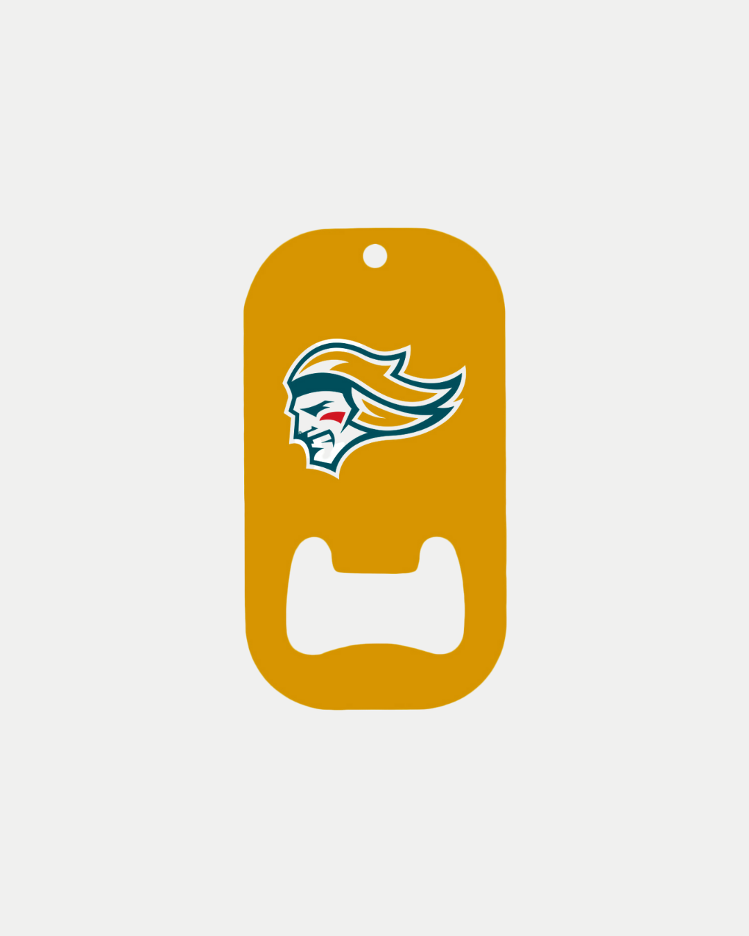 The Belfast Giants Gold Bottle Opener features a yellow design with a stylized flowing-haired profile in dark green, orange, and white. Each opener is made to order by Belfast Giants to reduce waste and encourage mindful consumption.