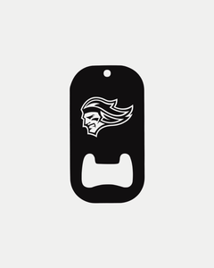The Belfast Giants Black Bottle Opener by Belfast Giants features a rounded rectangular shape, a top hole, and a bold white graphic of a fierce, long-haired head in profile. It's made to order, helping to reduce waste.