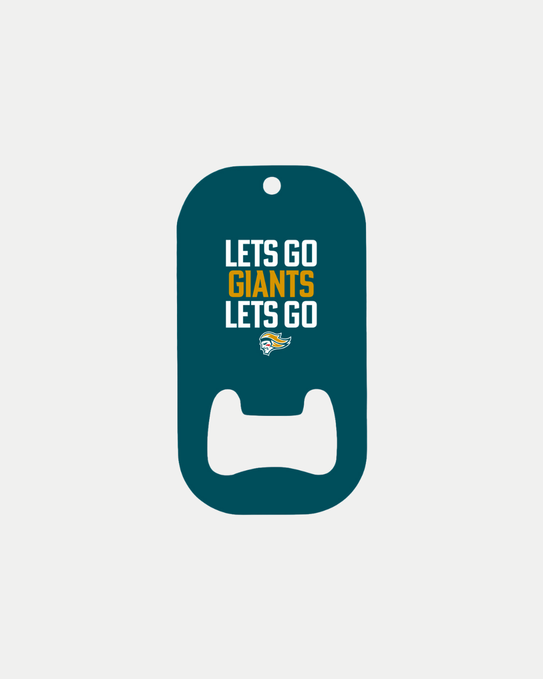 The Lets Go Giants Bottle Opener by Belfast Giants is made to order in teal, featuring "LETS GO GIANTS LETS GO" in white and gold with a small team logo beneath the text.