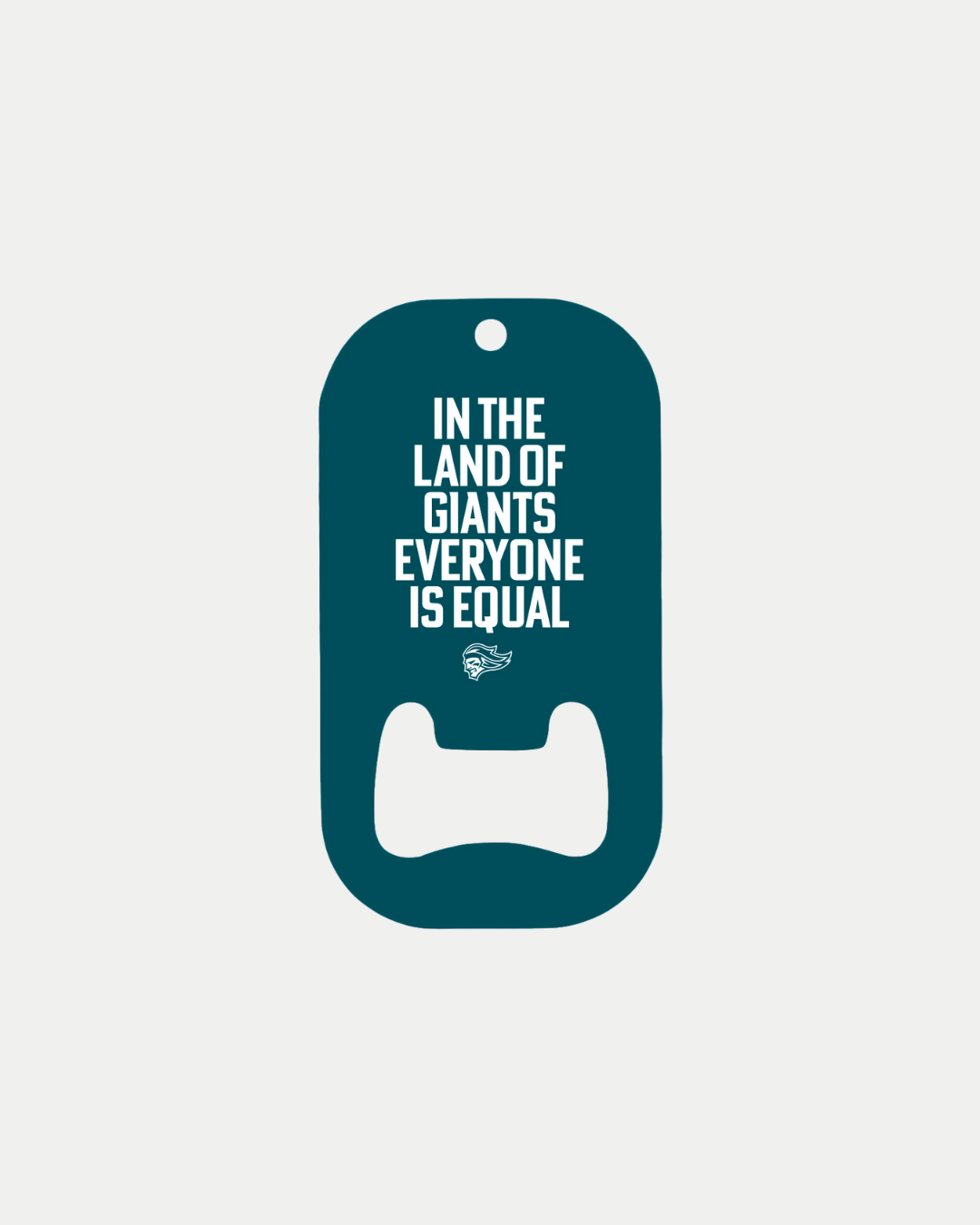 The Belfast Giants "In The Land Of Giants" Bottle Opener is a custom dark teal opener with white lettering and a small logo, shown on a plain white background.
