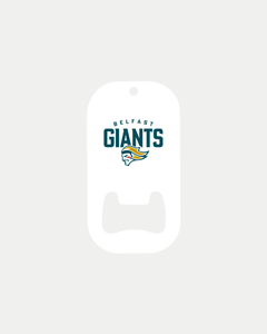 The Belfast Giants White Bottle Opener features the team logo and colors. Each opener is made to order by Belfast Giants to help reduce waste; estimated delivery times may apply.