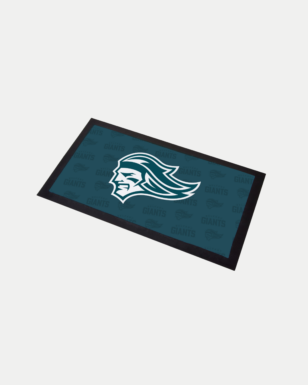 The Belfast Giants Teal Logo Bar Runner features a teal background with a stylized knights head logo in white and teal, faint smaller logos, and repeating "GIANTS" text. Each runner is crafted to order to help reduce waste.