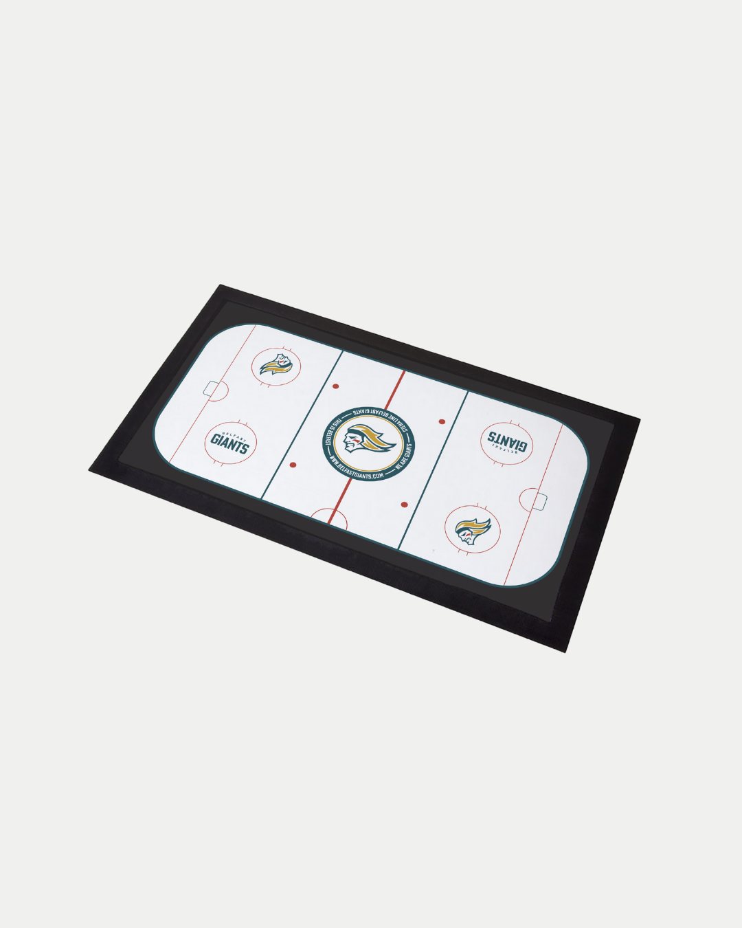 The Belfast Giants Rink Bar Runner by Belfast Giants is a rectangular, made-to-order mat with a hockey rink design—center ice, goal creases, red and blue lines, team logos on a white background, and a black border—crafted to help reduce waste.