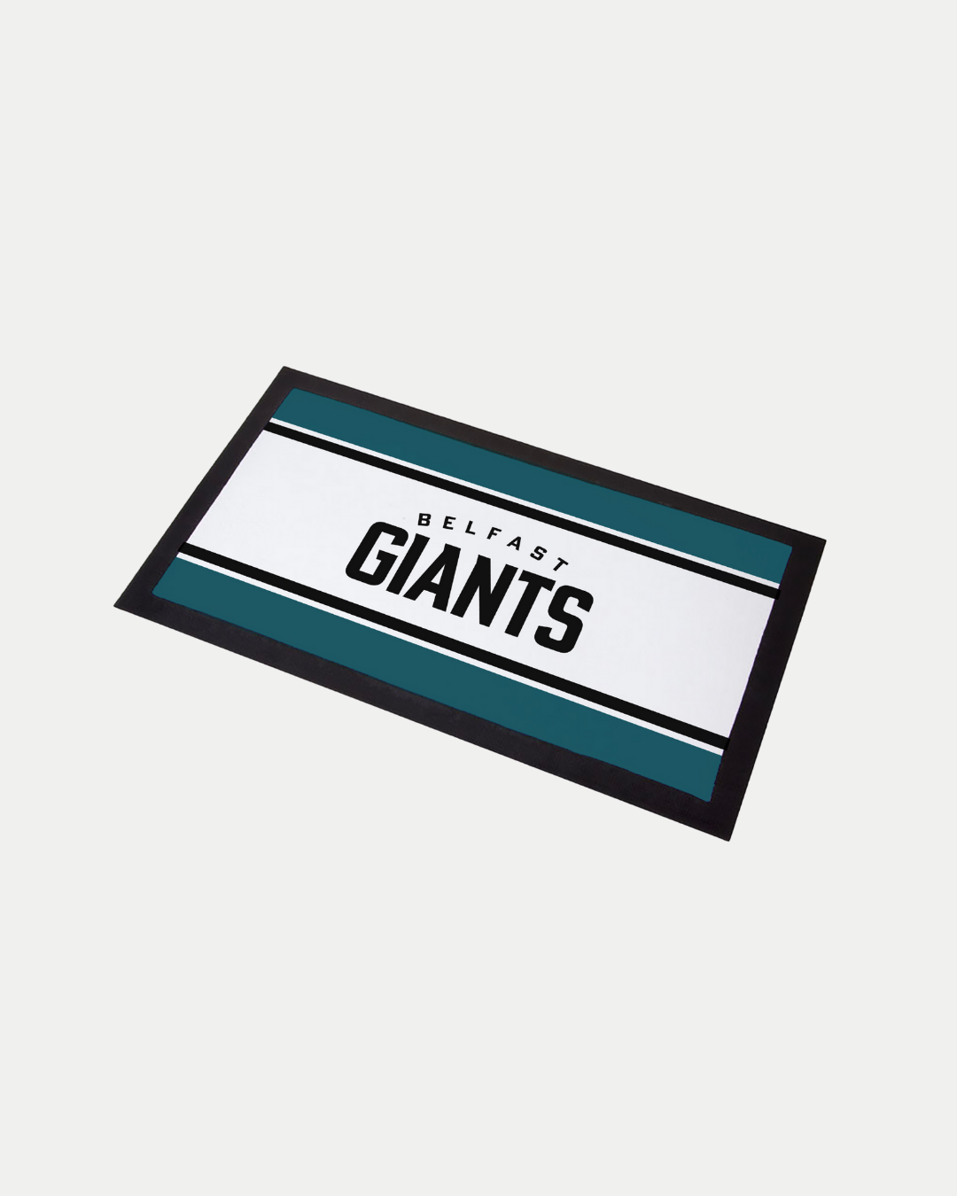 The Belfast Giants Teal and White Bar Runner features a white center, teal borders, black edges, and bold "BELFAST GIANTS" lettering—crafted to order for a unique touch.