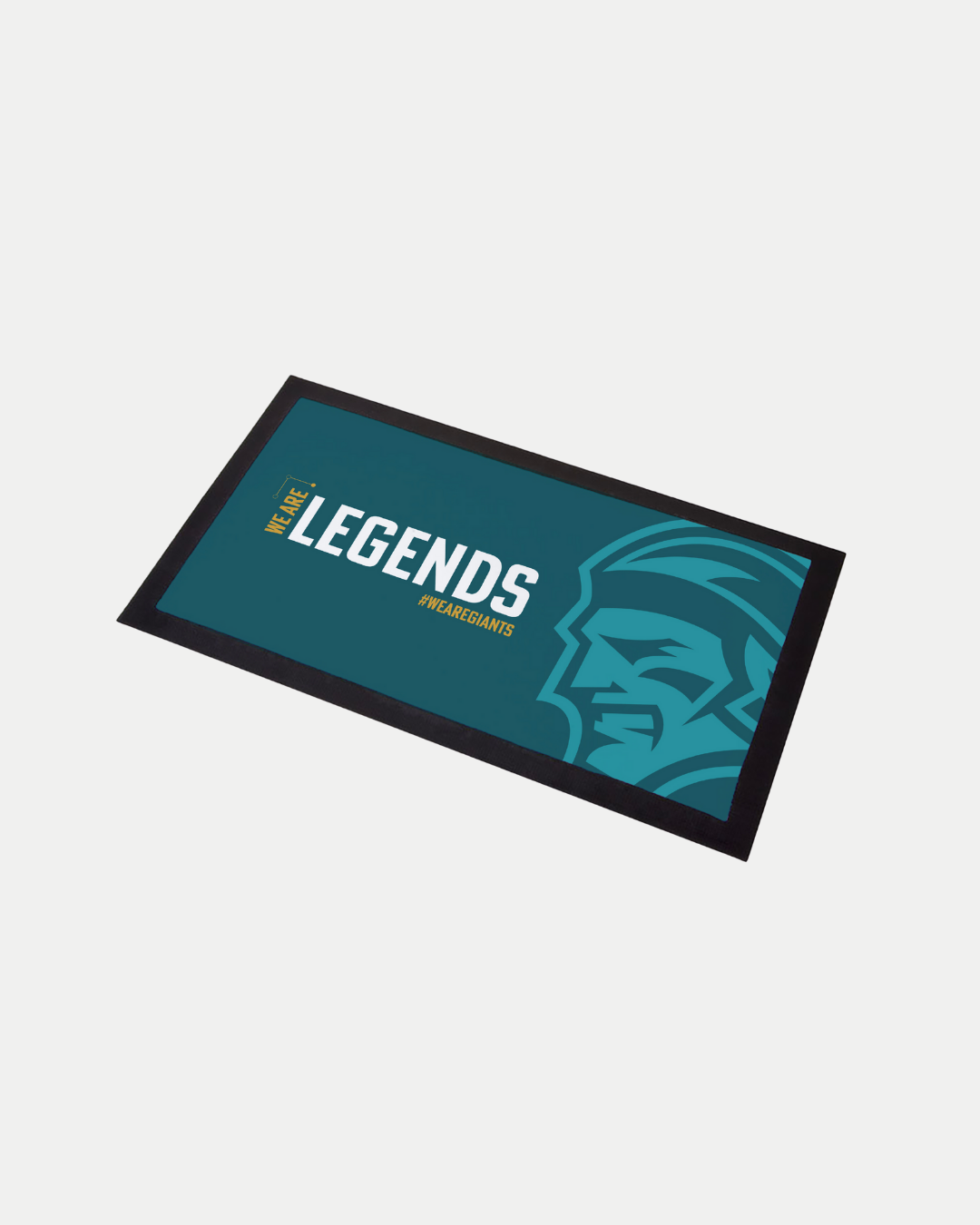 The We Are Legends Bar Runner by Belfast Giants is a rectangular, custom mat with a teal background, bold white and yellow “PLACE FOR LEGENDS” text, and a stylized profile of a face on the right side.