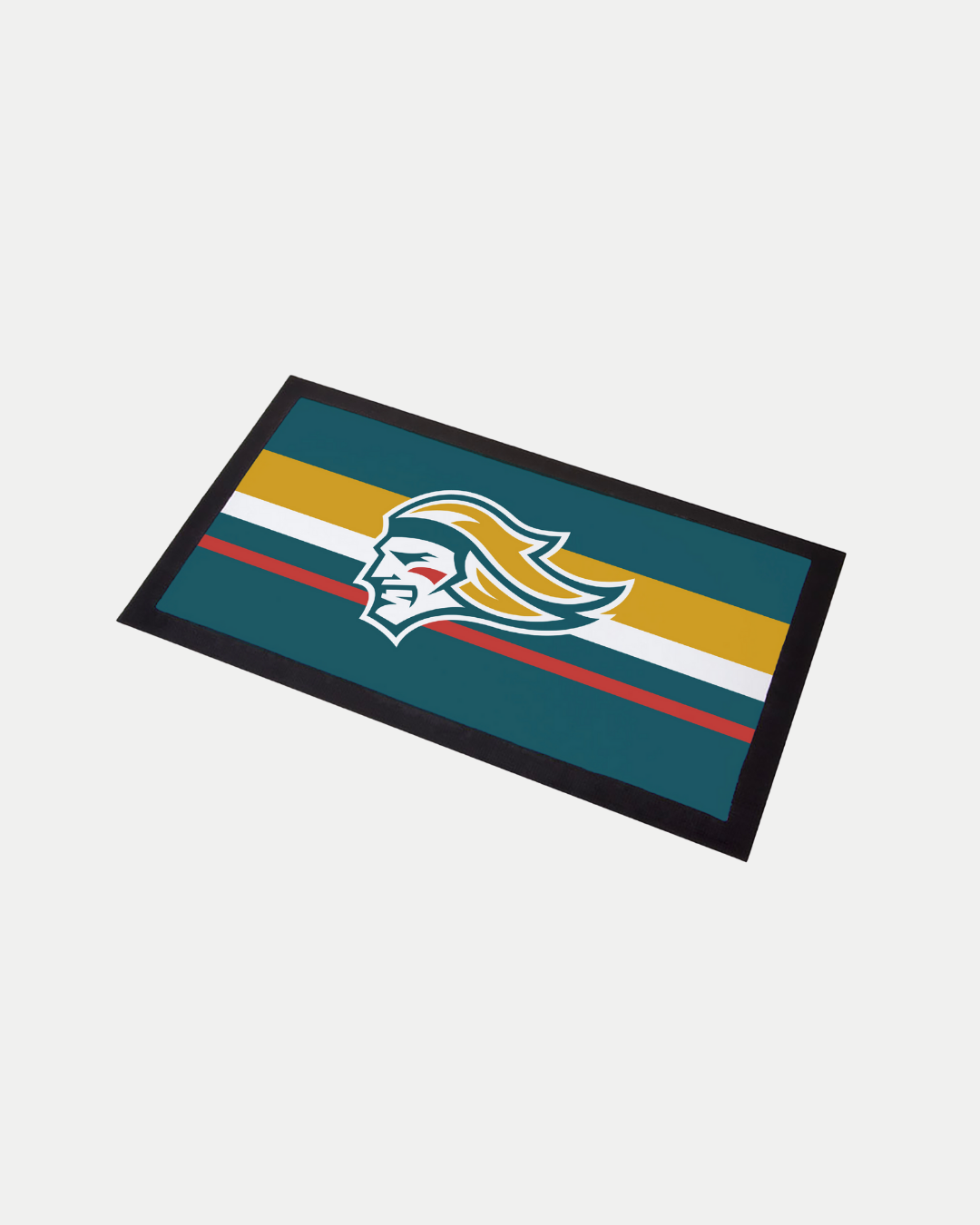 The Belfast Giants Logo Stripe Bar Runner by Belfast Giants is a rectangular, made-to-order mat featuring a stylized knight head logo with gold, white, and red stripes on teal and a black edge—crafted to reduce waste.