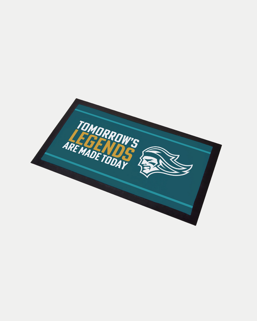 The Belfast Giants Tomorrows Legends Are Made Today Bar Runner features a teal background, bold text, and a helmeted profile. This made-to-order mat has a black border to help reduce waste.
