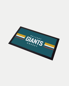 The Belfast Giants Bar Runner Teal by Belfast Giants features a teal background, "Belfast Giants Hockey" in white, yellow/white/red side stripes, and a black border. Made-to-order to reduce waste. Delivery details shown at checkout.