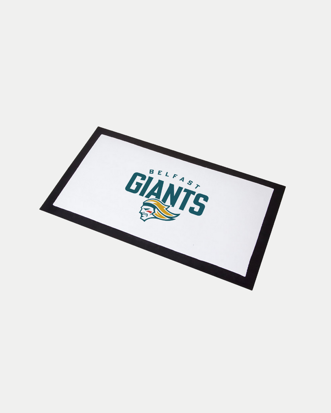 The Belfast Giants White Bar Runner is a rectangular white mat with a black border, featuring the Belfast Giants name and stylized giant’s head logo—crafted to order for fans seeking unique memorabilia.