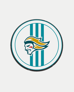 The 24-25 White Stripe Logo Puck by Belfast Giants features a circular design with teal vertical stripes and a stylized golden-haired warrior’s profile—marked by a bold red cheek streak—set on a crisp white background.