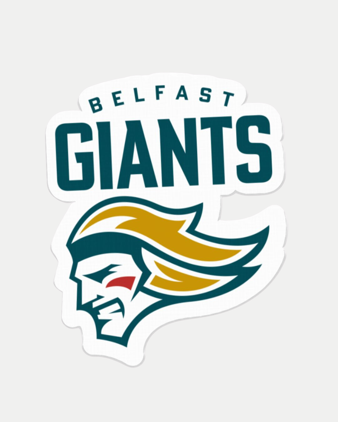 Belfast Giants Air Freshener featuring the team’s bold “BELFAST GIANTS” logo above a stylized giant head with flowing yellow hair, a red cheek mark, and vibrant green and gold outlines.