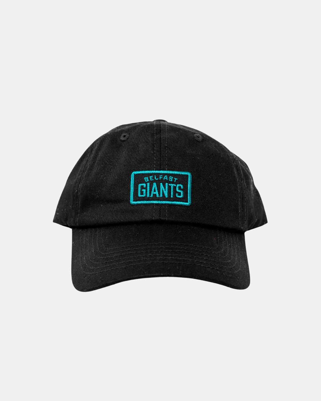 The Belfast Giants Dad Cap Black Teal Logo features a curved brim and a front patch with bold teal lettering, blending team spirit with stylish design.