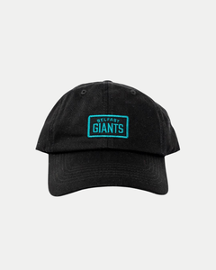 The Belfast Giants Dad Cap Black Teal Logo features a curved brim and a front patch with bold teal lettering, blending team spirit with stylish design.