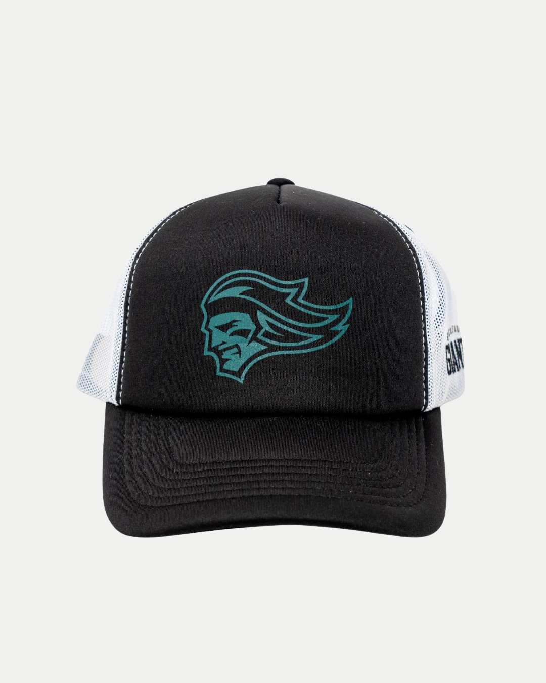 The Belfast Giants Trucker Cap Black with White Mesh showcases a teal-outlined stylized face in profile on the front panel, set against a plain white background.