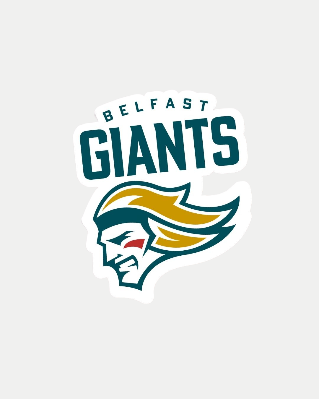 The Belfast Giants Pin Badge 2024 shows the team name above a stylized giant’s face with yellow hair, teal outline, and a red cheek stripe, all set on a light gray background. Official merchandise from Belfast Giants.