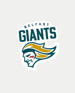 The Belfast Giants Pin Badge 2024 shows the team name above a stylized giant’s face with yellow hair, teal outline, and a red cheek stripe, all set on a light gray background. Official merchandise from Belfast Giants.