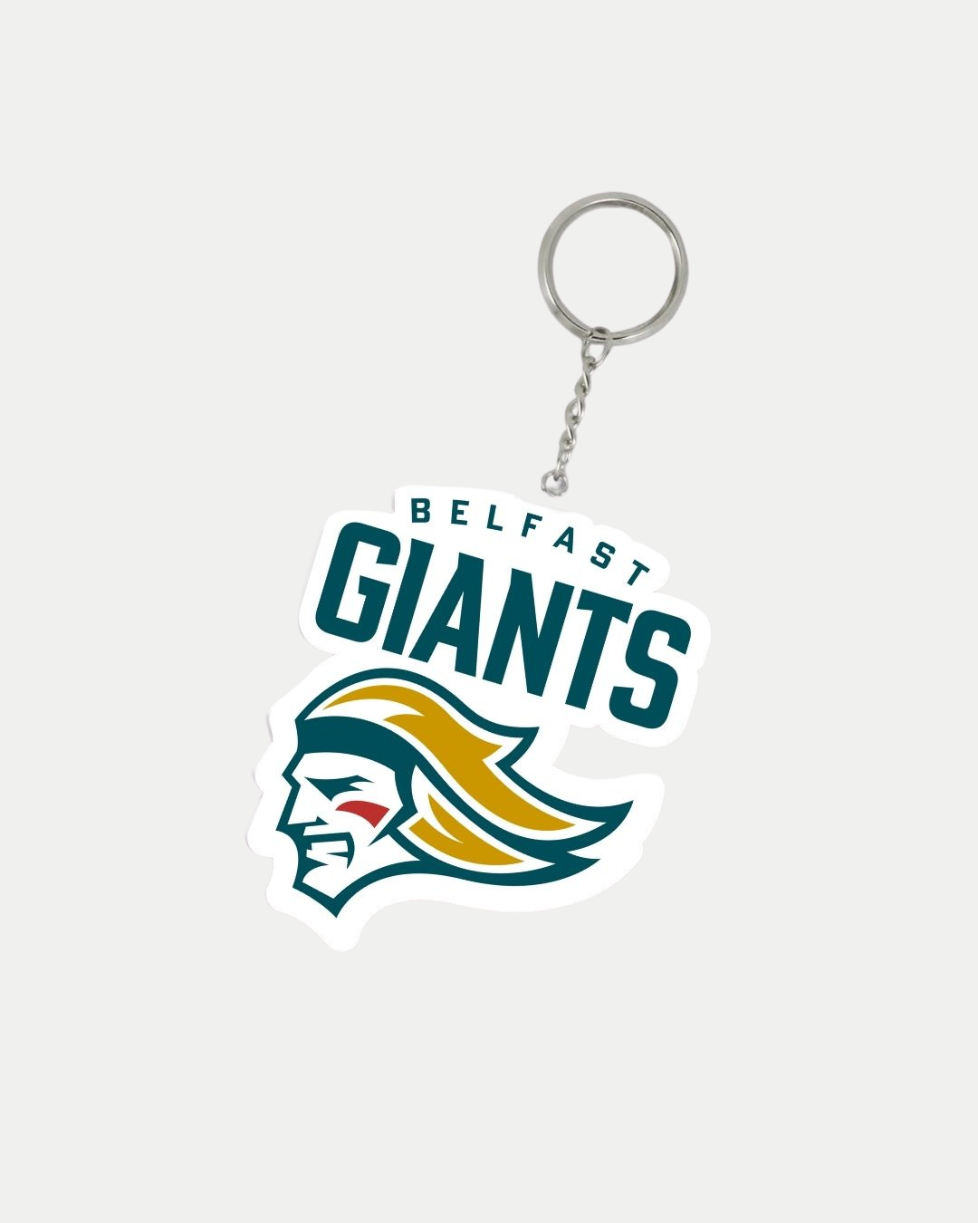 The Belfast Giants Keyring 2024 showcases the team's warrior head logo with vibrant yellow hair and bold BELFAST GIANTS text on a crisp white background—a must-have accessory for any Belfast Giants fan.