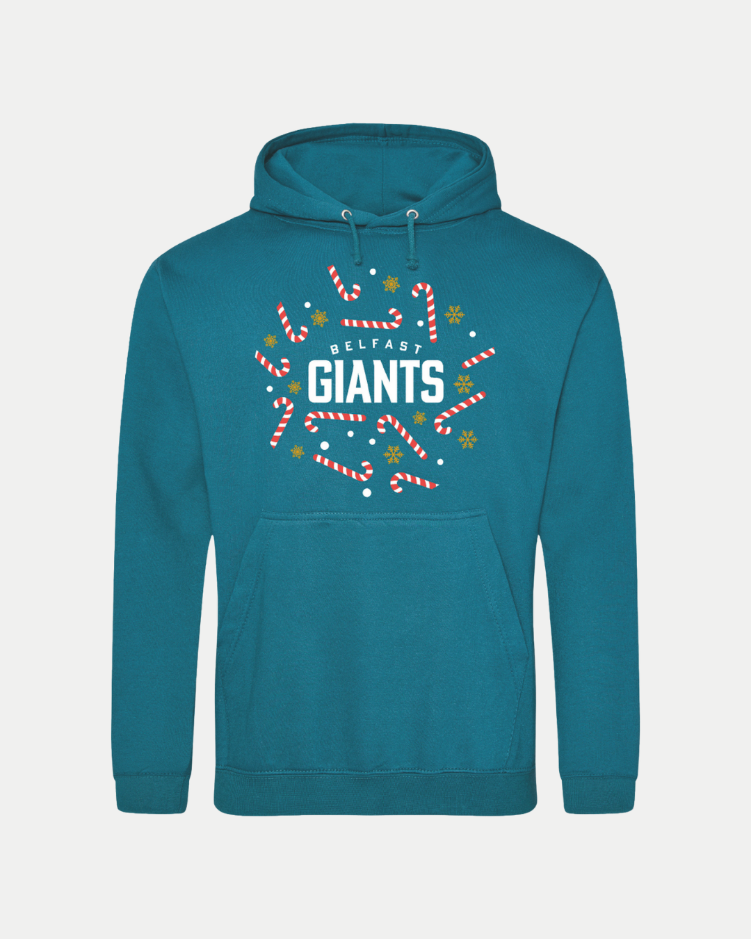 The Belfast Giants Candy Cane Hoodie features festive text with candy canes, snowflakes, and holly. This cozy hoodie includes a front pocket and drawstring hood—perfect for any Belfast Giants fan this holiday season.