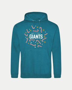 The Belfast Giants Candy Cane Hoodie features festive text with candy canes, snowflakes, and holly. This cozy hoodie includes a front pocket and drawstring hood—perfect for any Belfast Giants fan this holiday season.