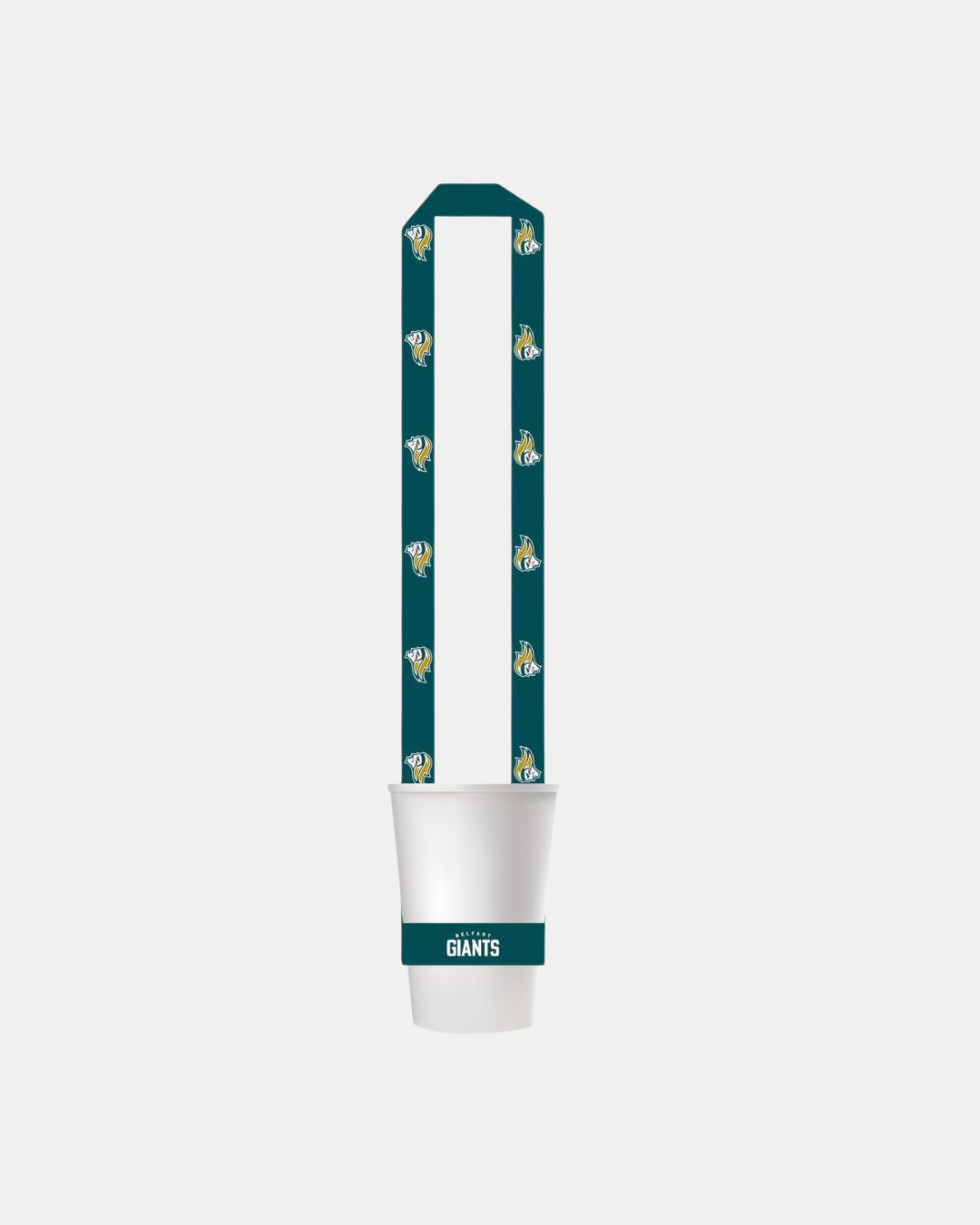 The Belfast Giants Beer Lanyard features a white cup with a dark teal lanyard that displays a repeating eagle logo and "GIANTS" in white on a teal band. The plain light gray background highlights this stylish Belfast Giants merchandise.