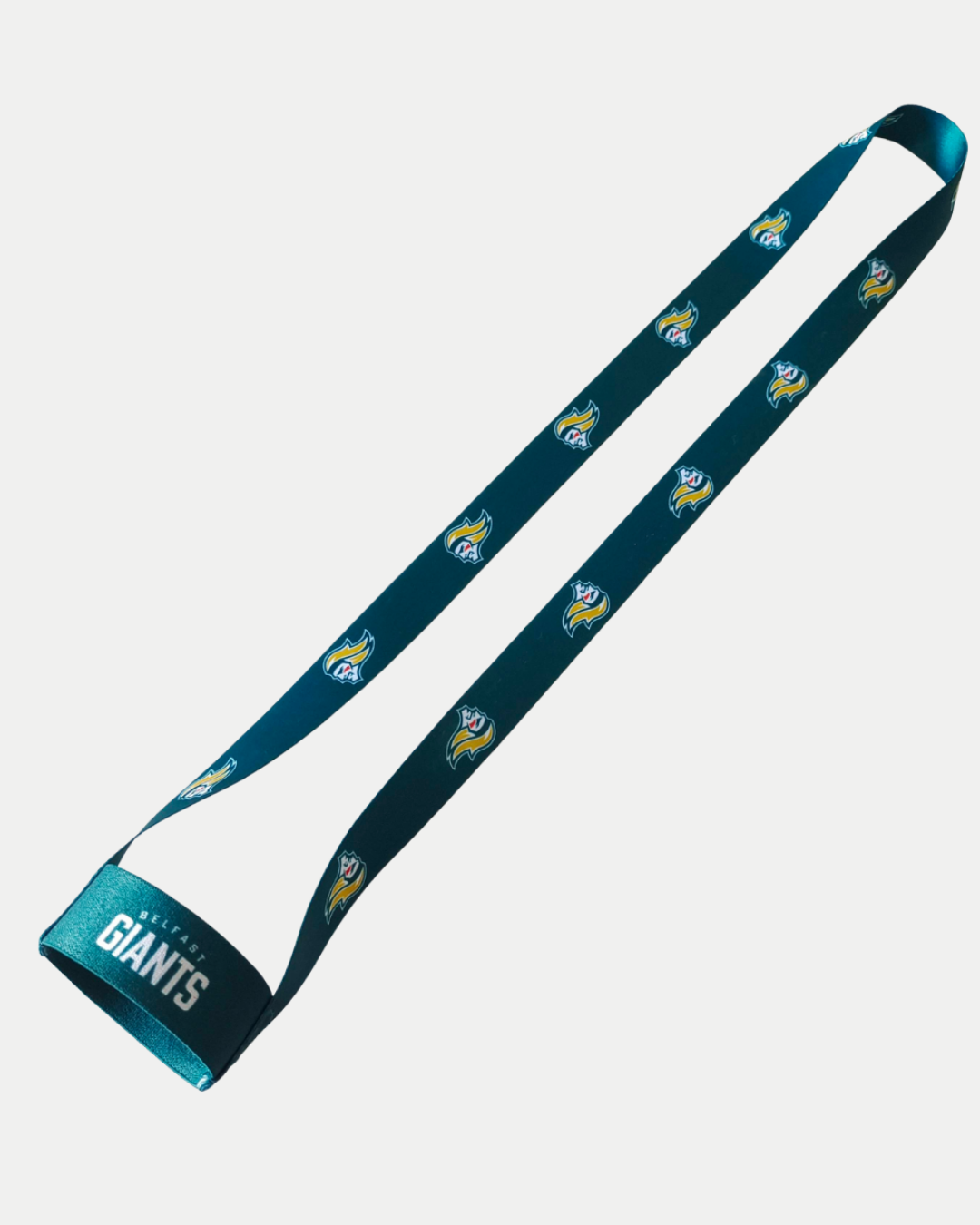 The Belfast Giants Beer Lanyard features repeating team logos and bold white "GIANTS" text on a teal band, displayed on a clean white background.