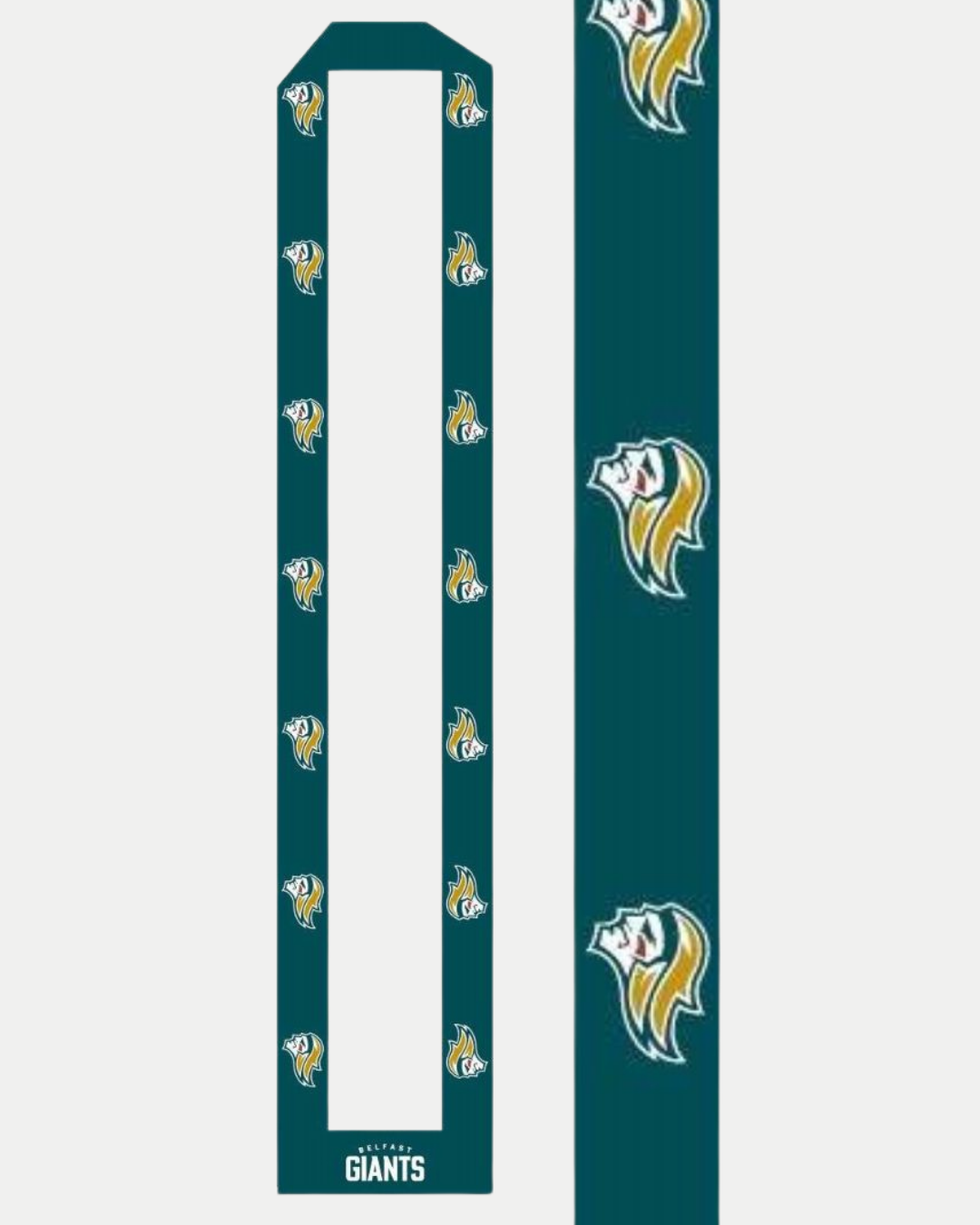 The Belfast Giants Beer Lanyard by Belfast Giants features a teal design with multiple stylized lion head logos and the text "GIANTS" at one end.